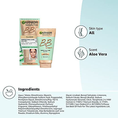 Garnier SkinActive Classic Perfecting All-in-1 BB Cream, Shade Classic Medium, Tinted Moisturiser SPF 15, Brightens and Evens Skin, With Hyaluronic Acid, Aloe & Mineral Pigments, 50 ml , Pack of 1