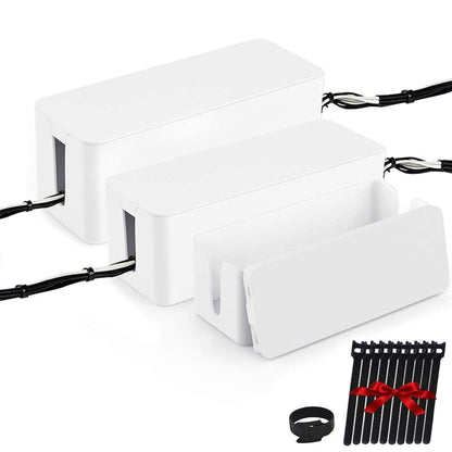 [Set of Three] Cable Management Boxes Organizer, Large Storage Wires Keeper Holder for Desk, TV, Computer, USB Hub, System to Cover and Hide & Power Strips & Cords (Ice White)
