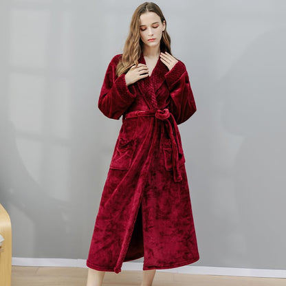 Dressing Gown Women Full Length Robe Plus Size Fleece Winter Warm Bathrobe, UK14-20(label XL), Wine Red