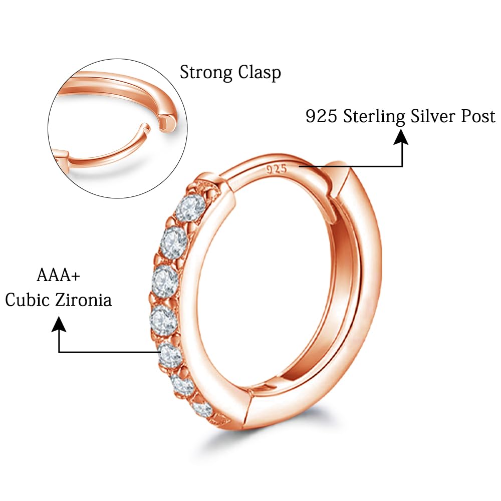 Rose Gold Cartilage Earring Hoop Sterling Silver Small Hoop Earrings Cubic Zirconia Cuff Huggie Mini Hoops Piercing for Women 8mm 10mm 12mm