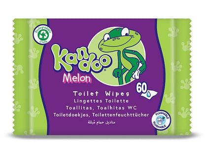 Kandoo Melon Flushable Moist Toilet Wipes, 4 x 60 Wipes (Total 240 ), Biodegradable and Plastic Free, Wet Toilet Tissues for Toddlers, Melon Scented, Multipack