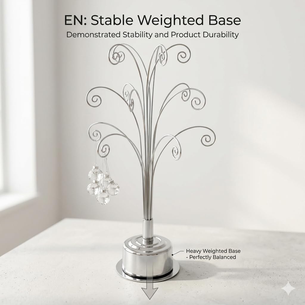 HOHIYA 360° Rotating Ornament Display Stand 15 Hooks Tabletop Christmas Tree Ornament Holder Metal Hanging Display Rack for Crystal Glass Baubles Jewelry and Home Decor Chrome Silver