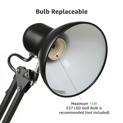 Lepro Desk Lamp, E27 Swing Arm Desk Lamp with Clamp, Classic Black Table Lamp, E27 Bulb Holder, Flexible Black Desk Light for Study Desk, Office, Bedroom, Reading, Nails, Back to School and More