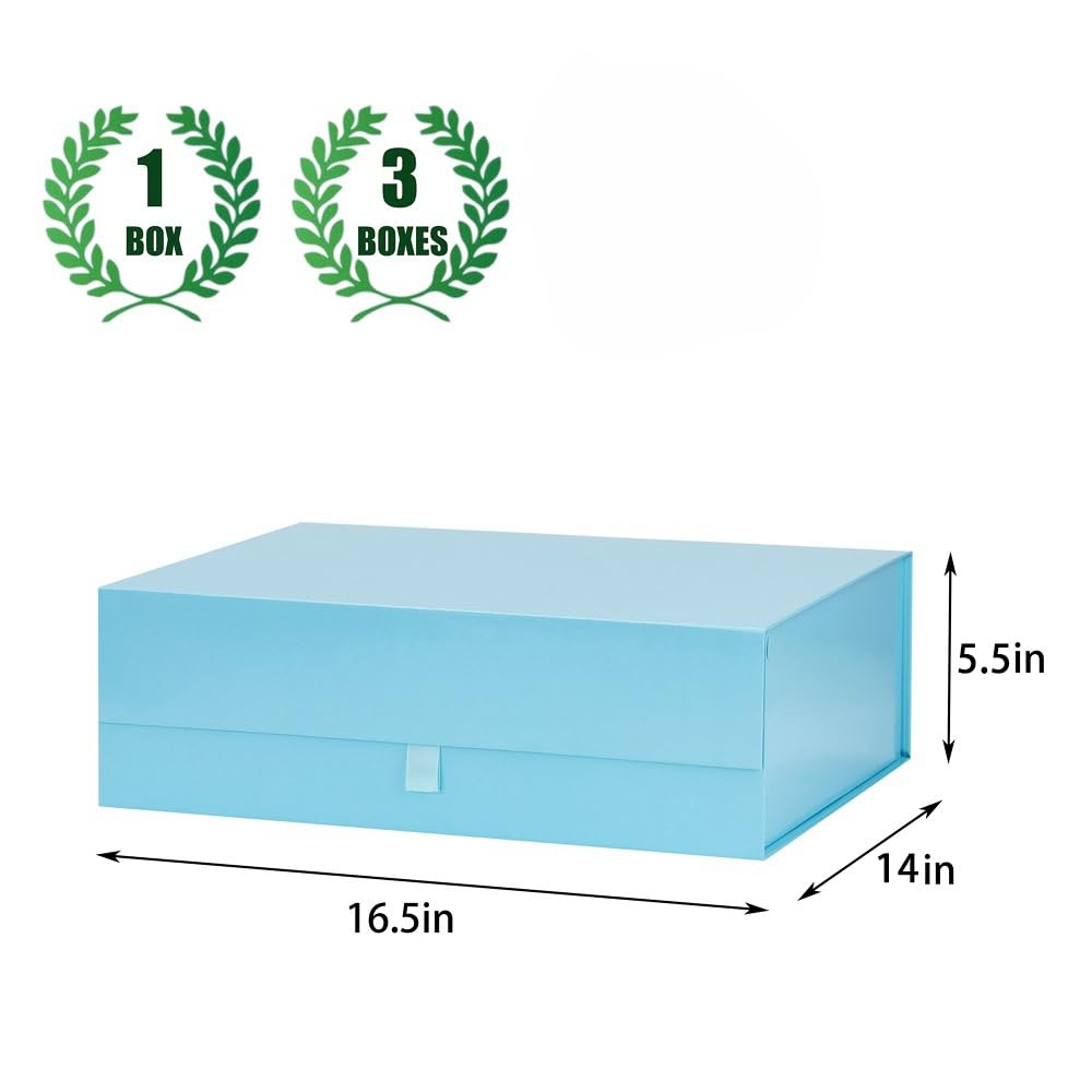 PLINJOY Extra Large Gift Box 16.5x14x5.5 Inches,Blue Gift Boxs for Presents with Lid Magnetic Closure Collapsible,Groomsman Proposal Box,Birthday, Christmas,for Clothes and Large Gifts