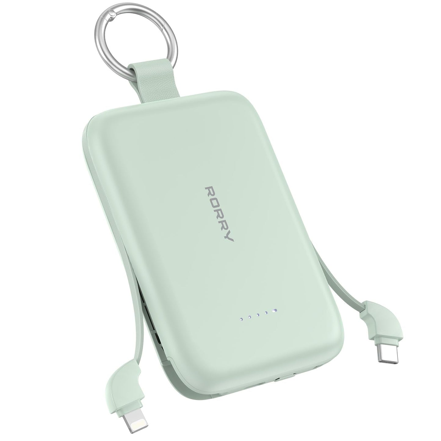RORRY Portable Charger, 10000mAh PD 30W Fast Charging Portable Charger Power Bank with Built-in Cables, Travel Keychain Charger Battery Pack for iPhone 17/16/15/14/13/12, for AirPods 2/3/4/Pro, Green