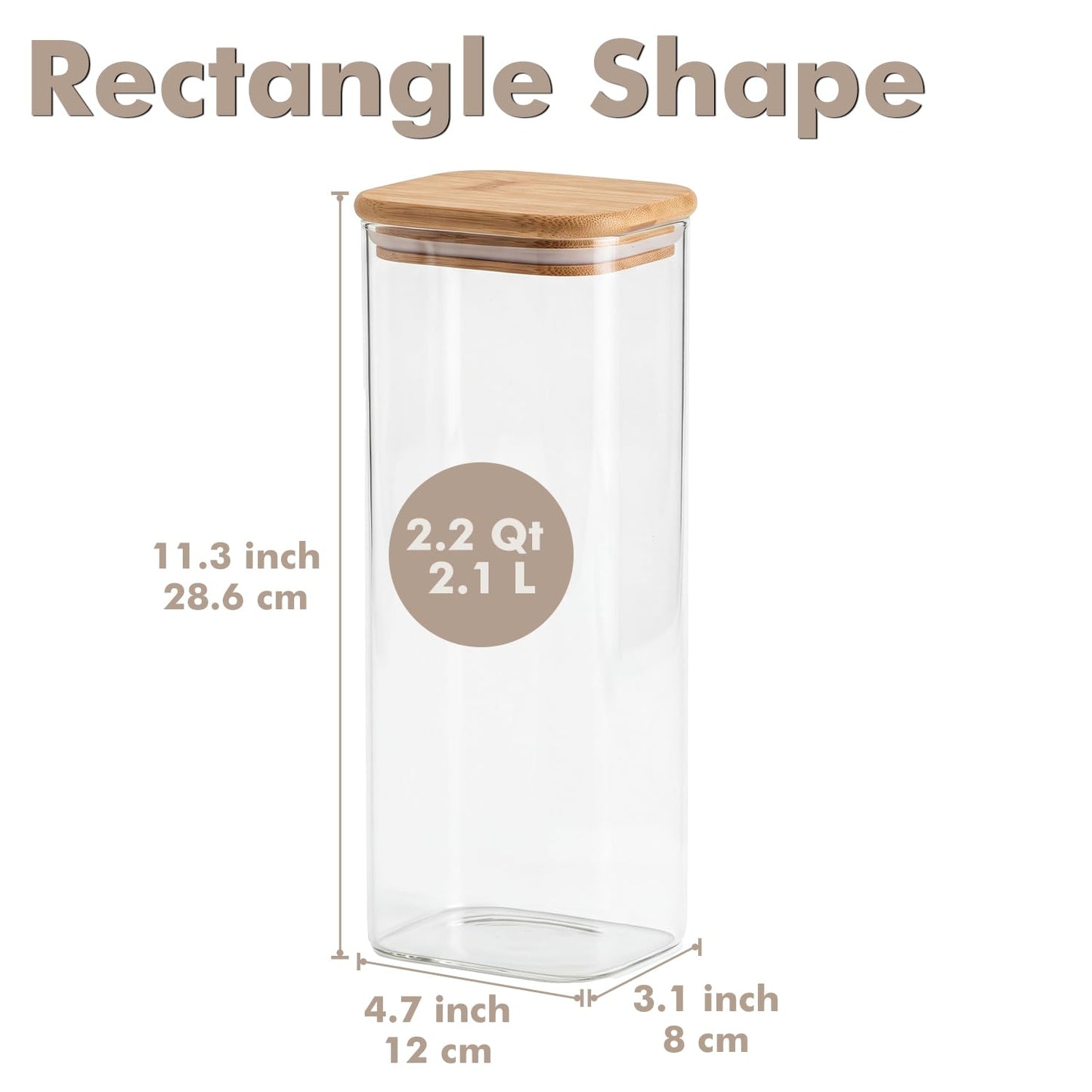 Xoniwis 3-Pack 2.2Qt Rectangle Glass Spaghetti Jars with Bamboo Lids
