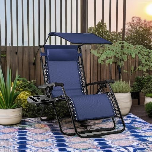 Best Choice Products Folding Zero Gravity Outdoor Recliner Patio Lounge Chair w/Adjustable Canopy Shade, Headrest, Side Accessory Tray, Textilene Mesh - Navy Blue
