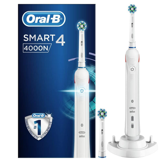 Oral-B Smart 4 Electric Toothbrushes For Adults, Mothers Day Gifts For Her / Him, App Connected Handle, 2 Cross Action Toothbrush Heads, 3 Modes with Teeth Whitening, 2 Pin UK Plug, 4000N, White
