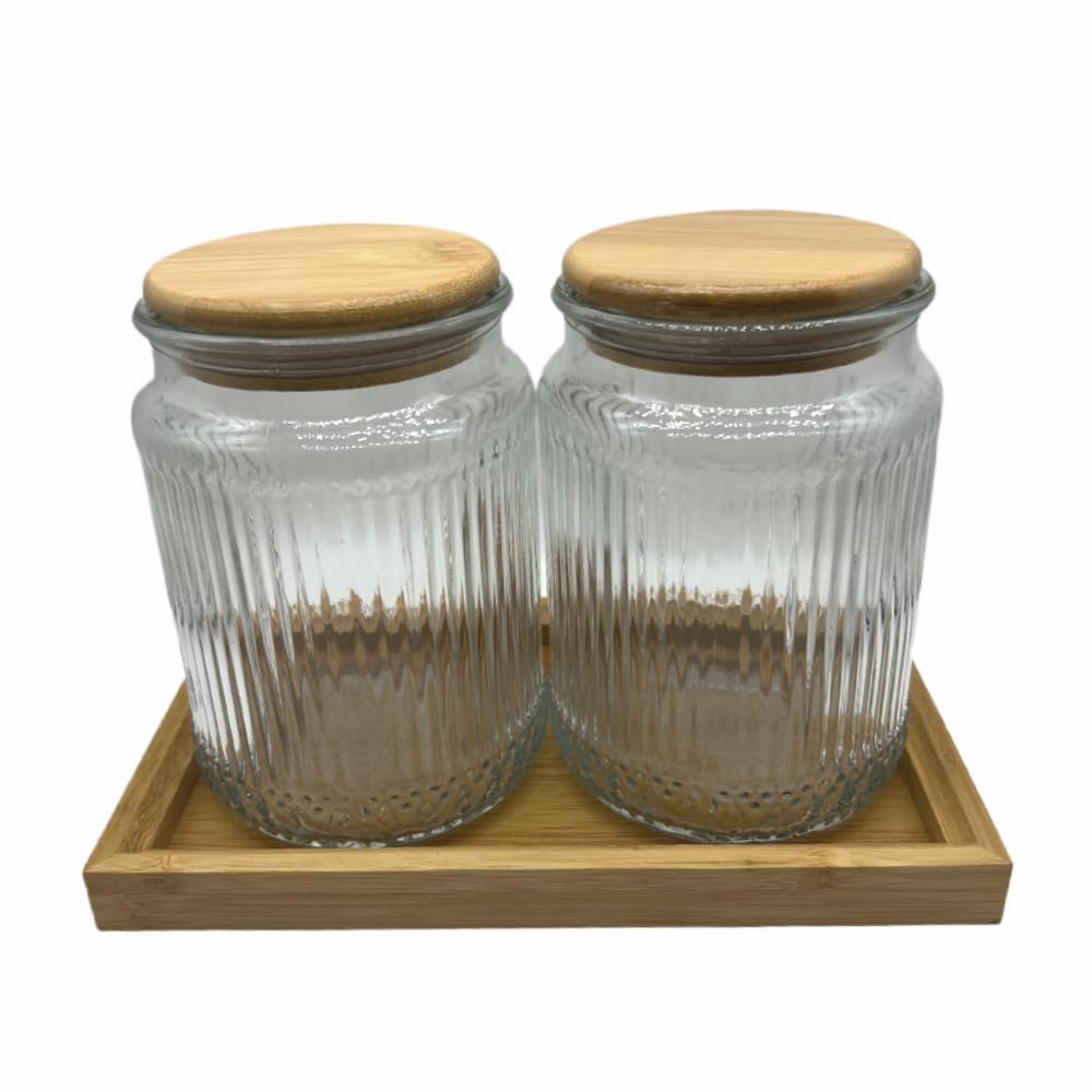 BEECO GIF2U Decorative Glass Containers Canisters with Airtight Wooden Lids 2 PACK,Food Jar for Kitchen,Bathroom Bath Salts Decor Organizers Countertop Holder with Vanity Tray (Stripe Embossed, 23oz)