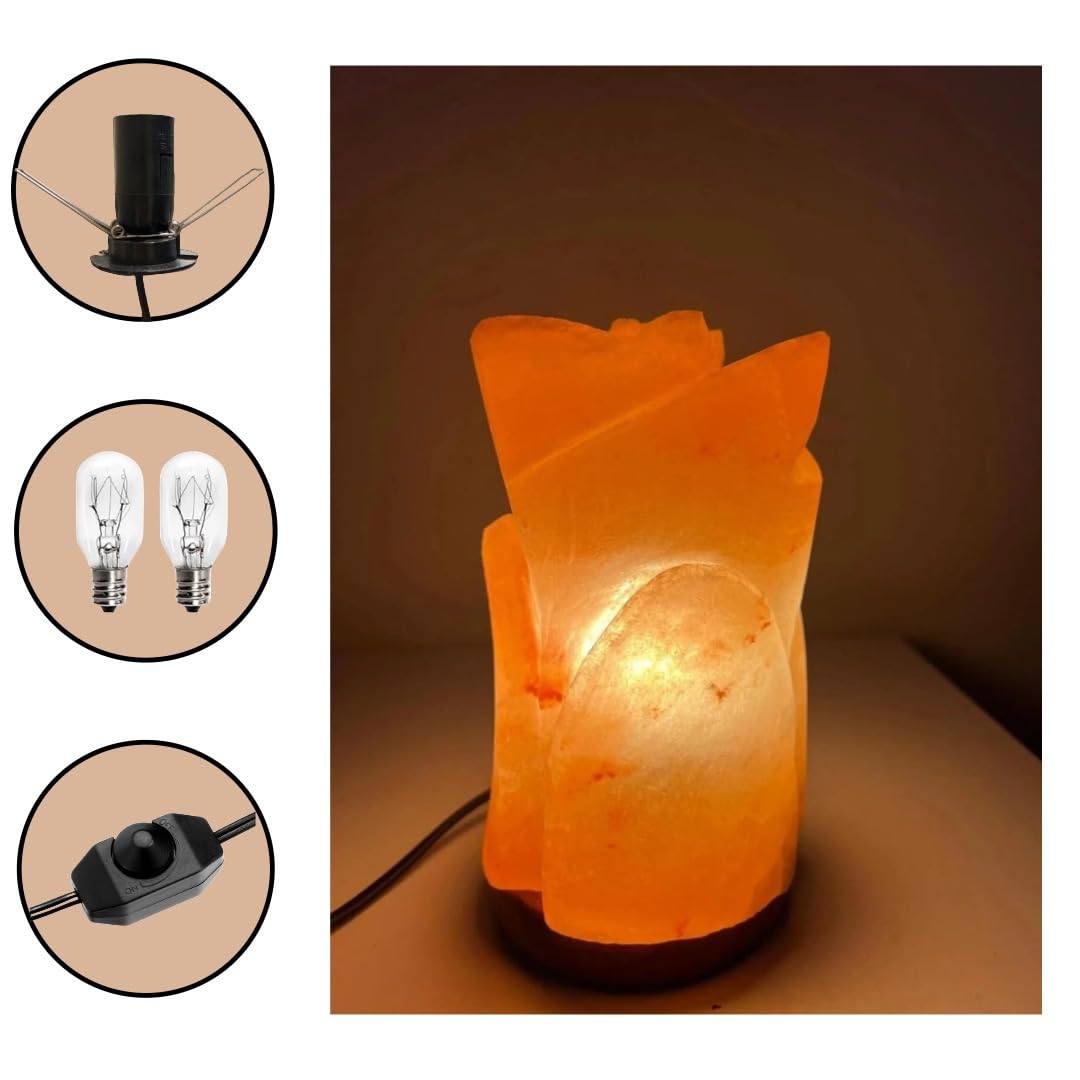NatureBoost Himalayan Pink Salt Lamp – Flower Shape – Hand-Carved Natural Crystal Salt Rock with Wooden Base Ideal Gift & Home Décor