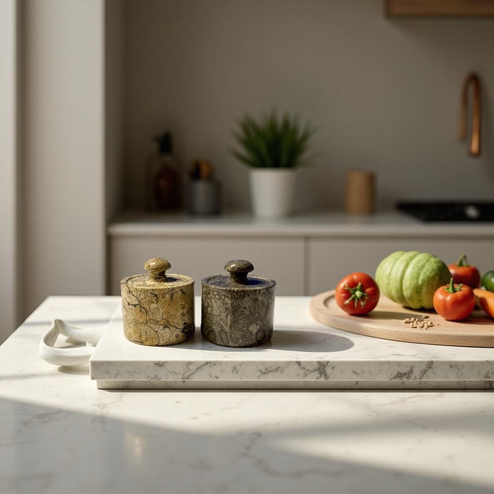 TheWolfard Marble Salt Cellar Keep Spices Fresh Seasoning Holder for Herbs Sugar Salt Keeper With Handmade Lid Knob Like Mushroom Best 3-Inch Marble Dish (Fossil and Coral)