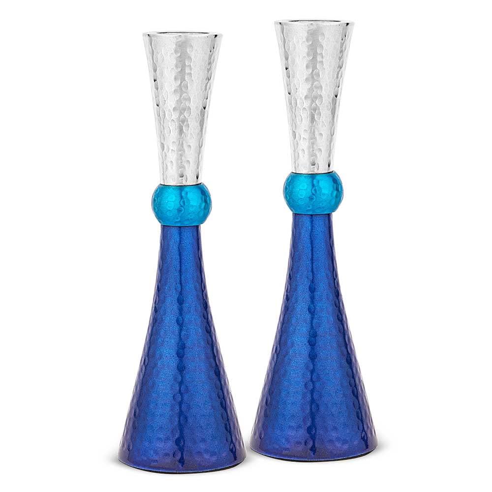 Zion Judaica Classic Candlestick Holders Set of 2 - Anodized Metal Hammered Finish - Fits Thick Tapered and Shabbat Candles - Blue Tones and Silver