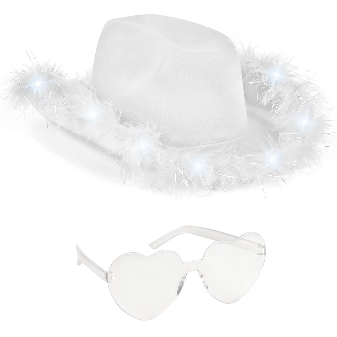 Funcredible White Cowboy Hat and Glasses - Light Up Cowgirl Hat for Girls - Cowboy Hats with Feathers - Taylor Costume - Halloween Hats for Women