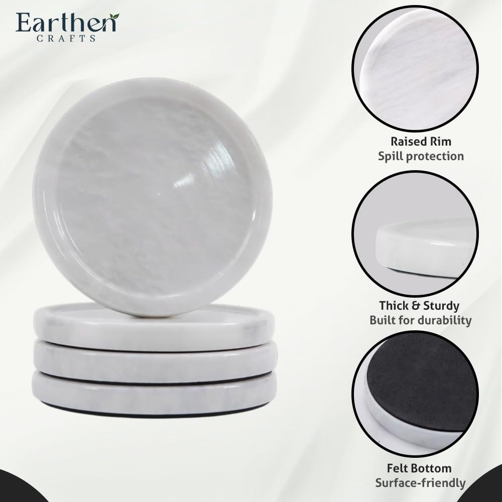 Earthen Crafts Marble Coasters Set of 4 for Drinks Countertop 4 Inches Round White Stone Drink Coaster for Kitchen Counter, Ideal for Home Decor House Warming Gifts