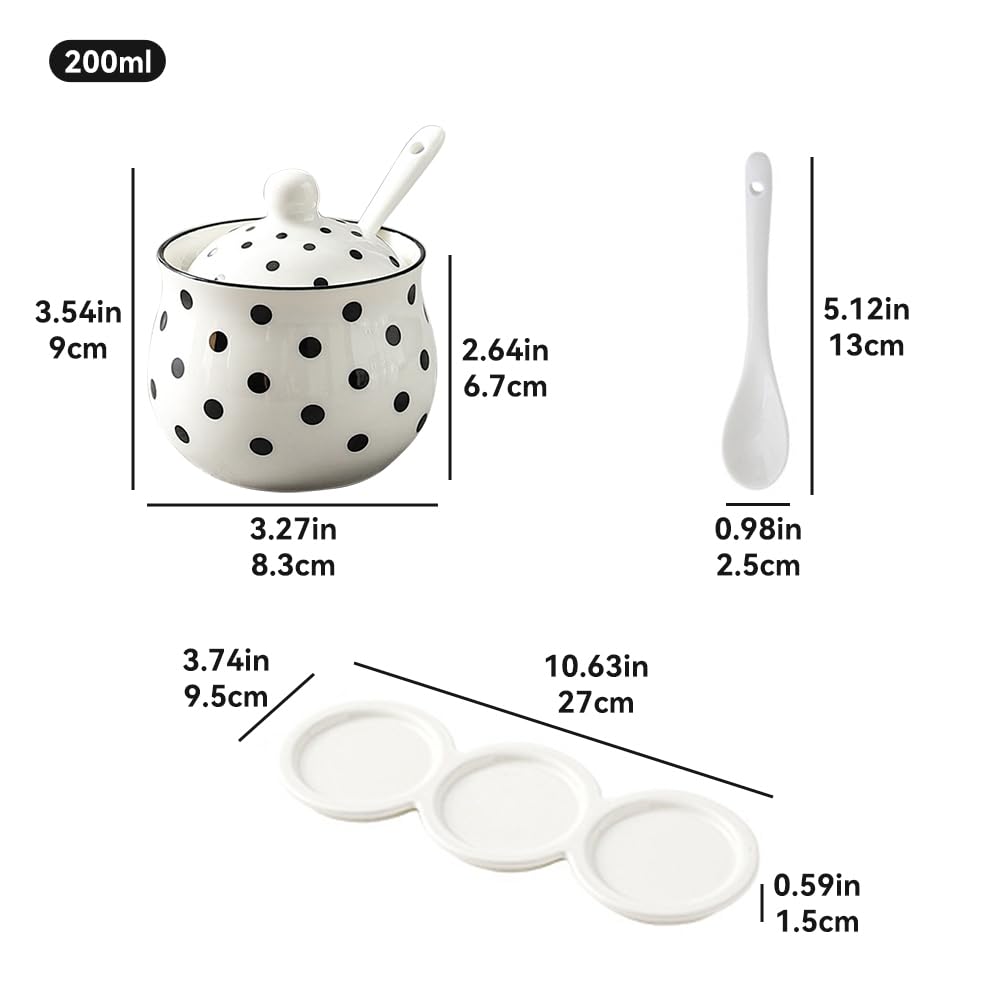 Ceramic Spice Jars Porcelain Condiment Jars Set with Spoon and Lid Condiment Pots for Salt, Sugar, Pepper Seasonings Set of 3 (White Ceramic Tray)