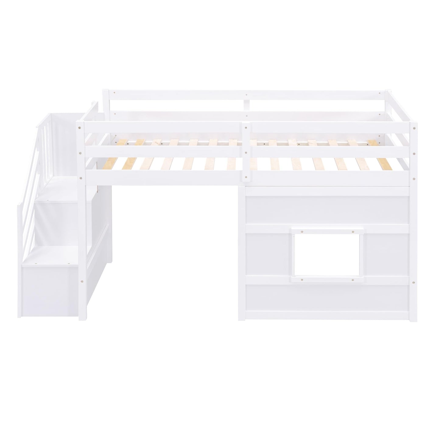 Merax Twin Size Loft Bed with Storage Staircase, Solid Wood Loft Bed Frame with LED Light and Safety Guardrail, Under-Bed Play Space, Playhouse Beds for Kids, Boys, Girls,White