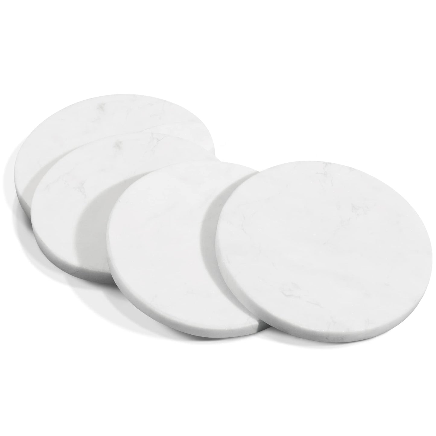 Mela Artisans White Marble Coasters Set of 4 – Round Stone Coasters for Drinks – Elegant White Coffee Table Decor – Handcrafted Natural Marble Cup Mat for Wine, Water & Beer