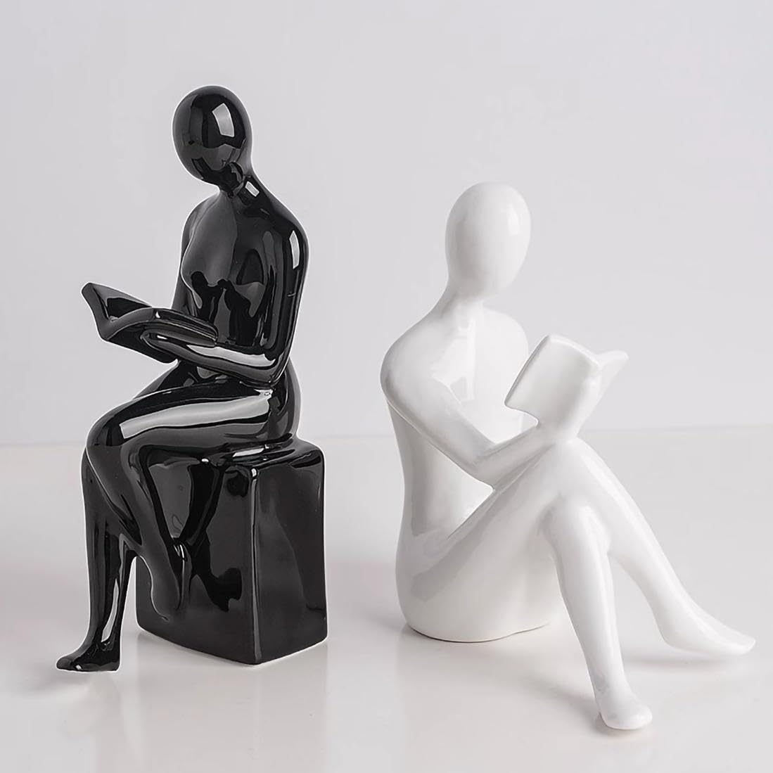 Modern Decorative Ceramic Reading Figure Bookends, Contemporary Minimalist Book Holders for Shelves, Office Home Library Decor (Black+ White)
