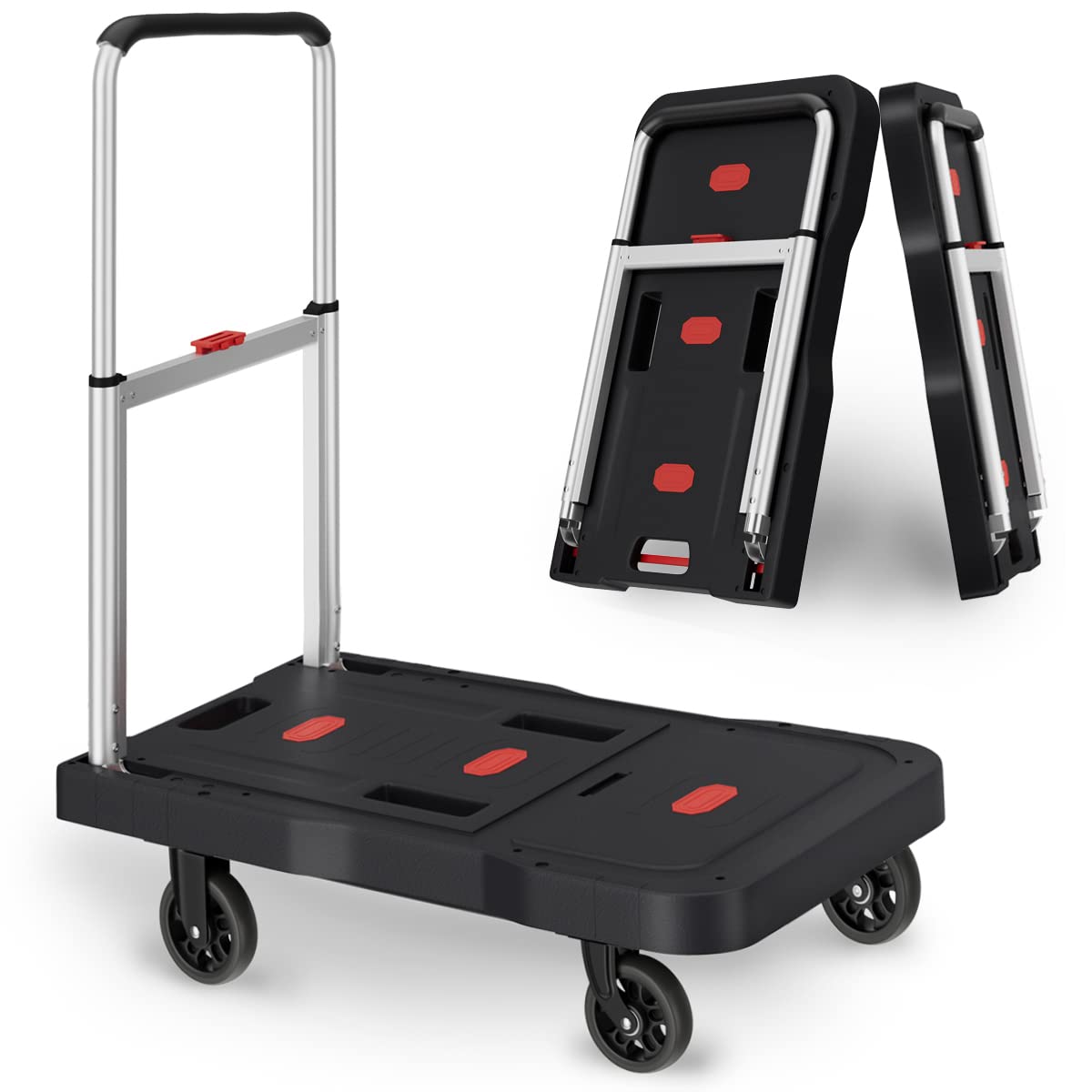 Platform Truck Foldable Push Cart Dolly 330lb Weight Capacity, Adjustable Hand Truck Handle with 360 Degree Swivel Wheels for Garage Garden Home & Office Use, Black