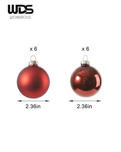 WDS WONDROUS Glass Christmas Hanging Ball Ornaments, Set of 12 Decorative Balls for Xmas Tree Decoration, Shiny and Matte Deep Red Christmas Ornaments