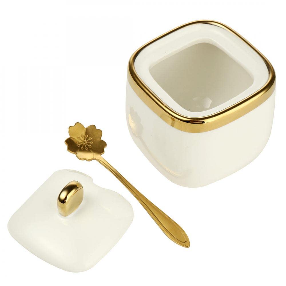 Porcelain Condiment Jar Spice Container with Tray Ceramic Serving Spoon and Lid, Spice Sugar Ceramic Condiment Pot Creative Seasoning Box for Your Home, Kitchen, Counter (White)