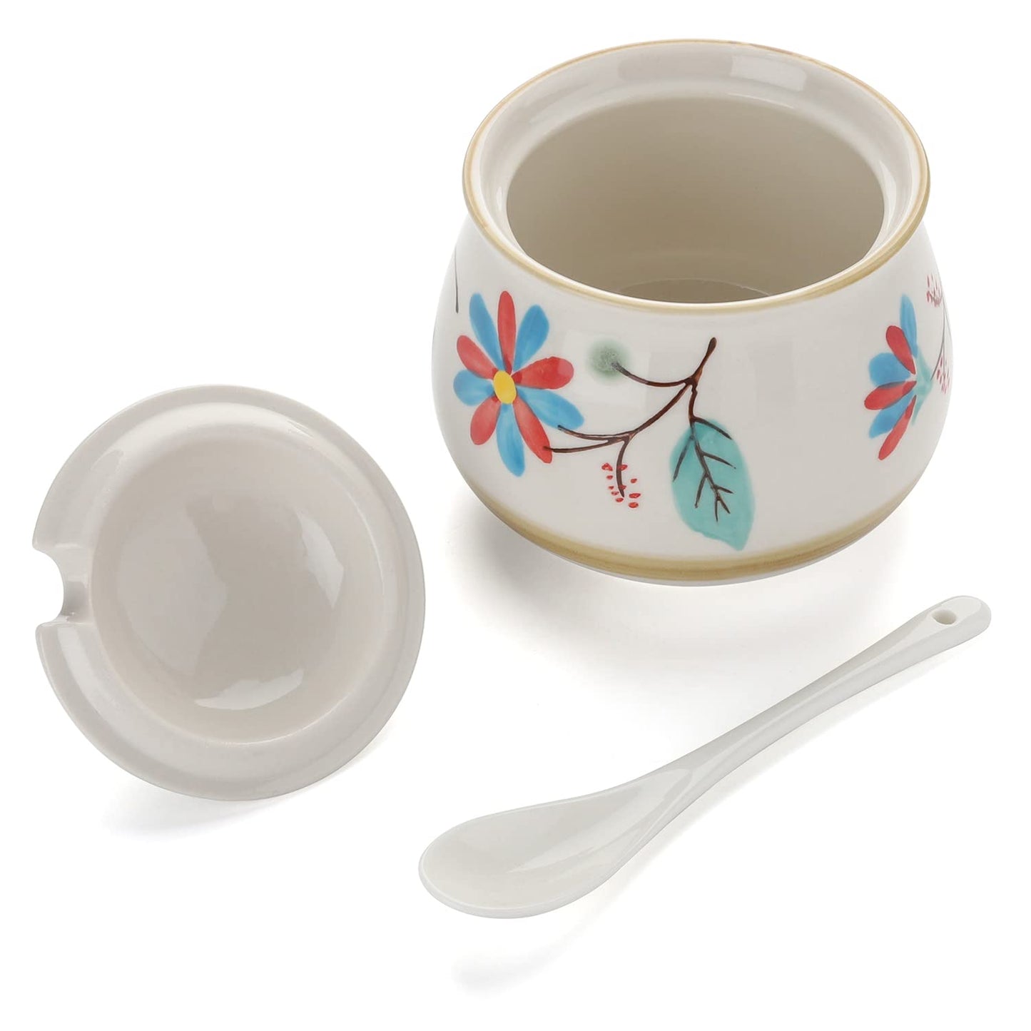 Evannt Porcelain Sugar Bowl Set of 2 Porcelain Sugar Jar with Lid and Spoon Sugar Canister Storage Container for Sugar Salt Spice Pepper Condiment (Style 2)