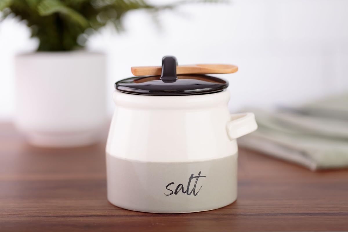 Keika Collective Salt Cellar with Lid and Spoon 10 oz - Handmade Ceramic Salt Keeper with 1.75 inch Lid and 3 inch Bamboo Spoon - Stylish Salt Container for Kitchen Decor