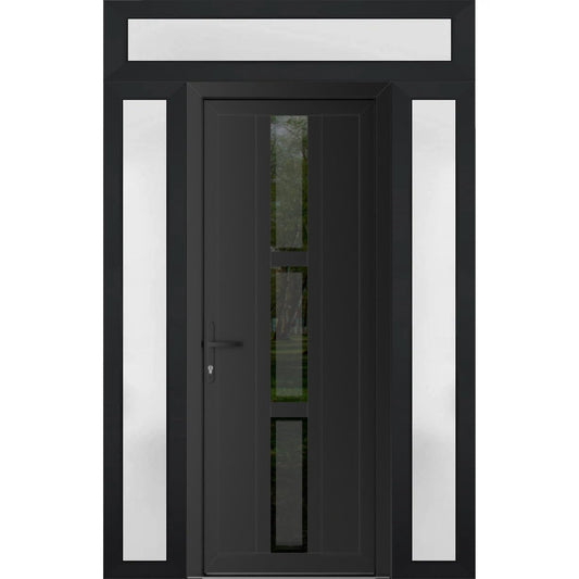 VDOMDOORS Front Exterior Prehung Metal-Plastic Door Frosted Glass | Manux 8112 Matte Black | 2 Side, Top Sidelite Transom | Doors Entrance Patio Garage 68 x 94 (W16+36+16 x H80+14) Right-Inswing