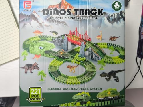 EagleStone Dinosaur Track Set for Kids – 225 PCS Flexible Race Tracks,1 Electric Dino Cars with Light, 8 Dino Figures, Dinosaur Head Tunnel,Christmas Birthday Gift for 3-8 Year Old Boys and Girls