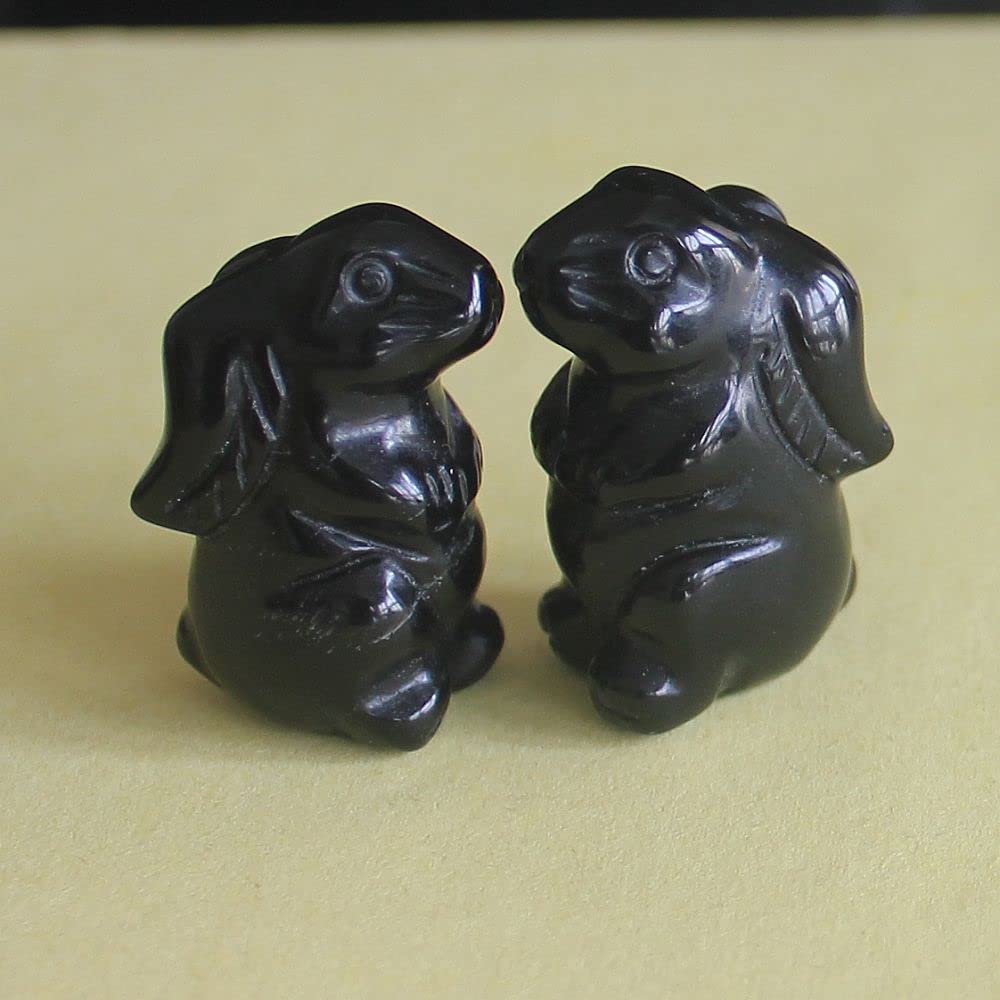 2pcs (Pair Mini Hand Carved Mixed Gemstone Crystal Rabbit Bunny Animal Figurine Animal Carving (Black Obsidian)