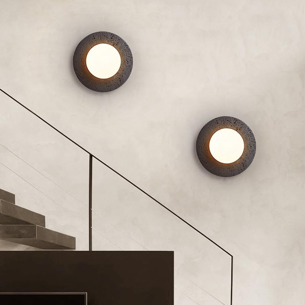 BFFGKGL Modern Natural Black Travertine Hallway Wall Sconce Nordic Creativity Round Transmittance Glass Bedside Wall Light Japanese Minimalist Aisle Wall Lamp For Living Room Stairs Living Room Balcon
