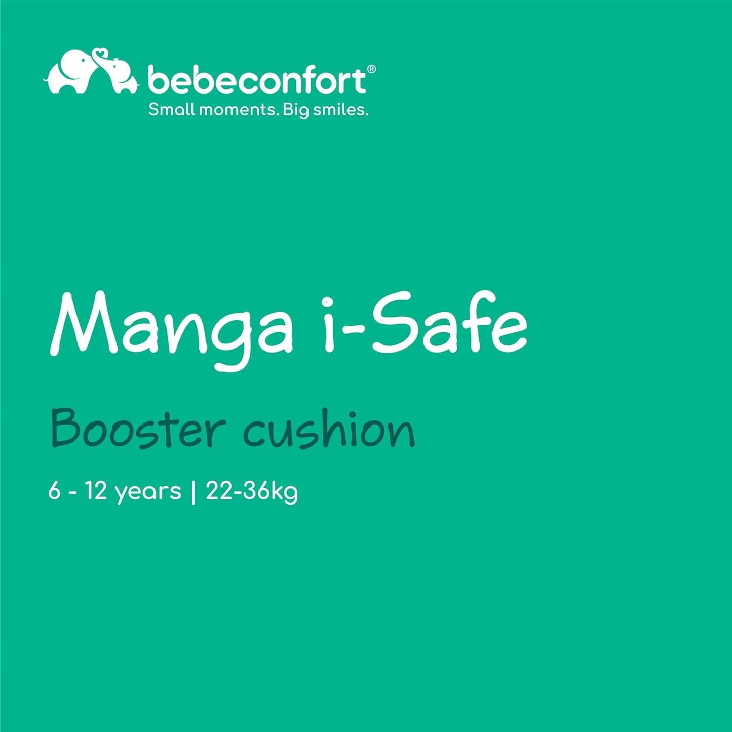 Bebeconfort Manga i-Safe, Car Booster Seat, 6–12 Years, 125–150cm, Child Booster Seat, Compact & Lightweight (<1kg), Easy Belt Installation, Fully Padded, Soft-Touch Fabrics, Full Black