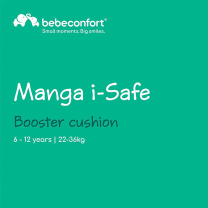 Bebeconfort Manga i-Safe, Car Booster Seat, 6–12 Years, 125–150cm, Child Booster Seat, Compact & Lightweight (<1kg), Easy Belt Installation, Fully Padded, Soft-Touch Fabrics, Full Black