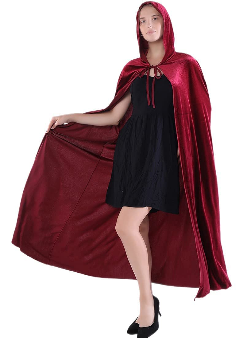 Velvet Cloak Cape Wizard Hooded Party Halloween Cosplay Costumes for Men Women 53" (Wine Red)