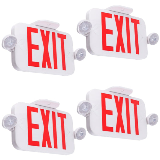 LIT-PaTH LED Combo EXIT Sign with 2 Adjustable Head Lights and Double Face, Back Up Batteries- US Standard Red Letter Emergency Exit Lighting, UL 924 and CEC Qualified, 120-277 Voltage, 4-Pack