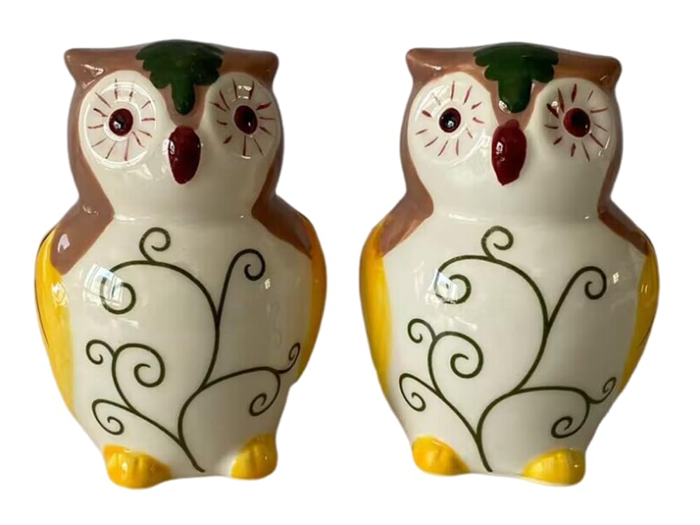 Ceramic Owl Salt and Pepper Shakers, 2-Piece Set | Spice Dispenser Storage Canisters - Brown