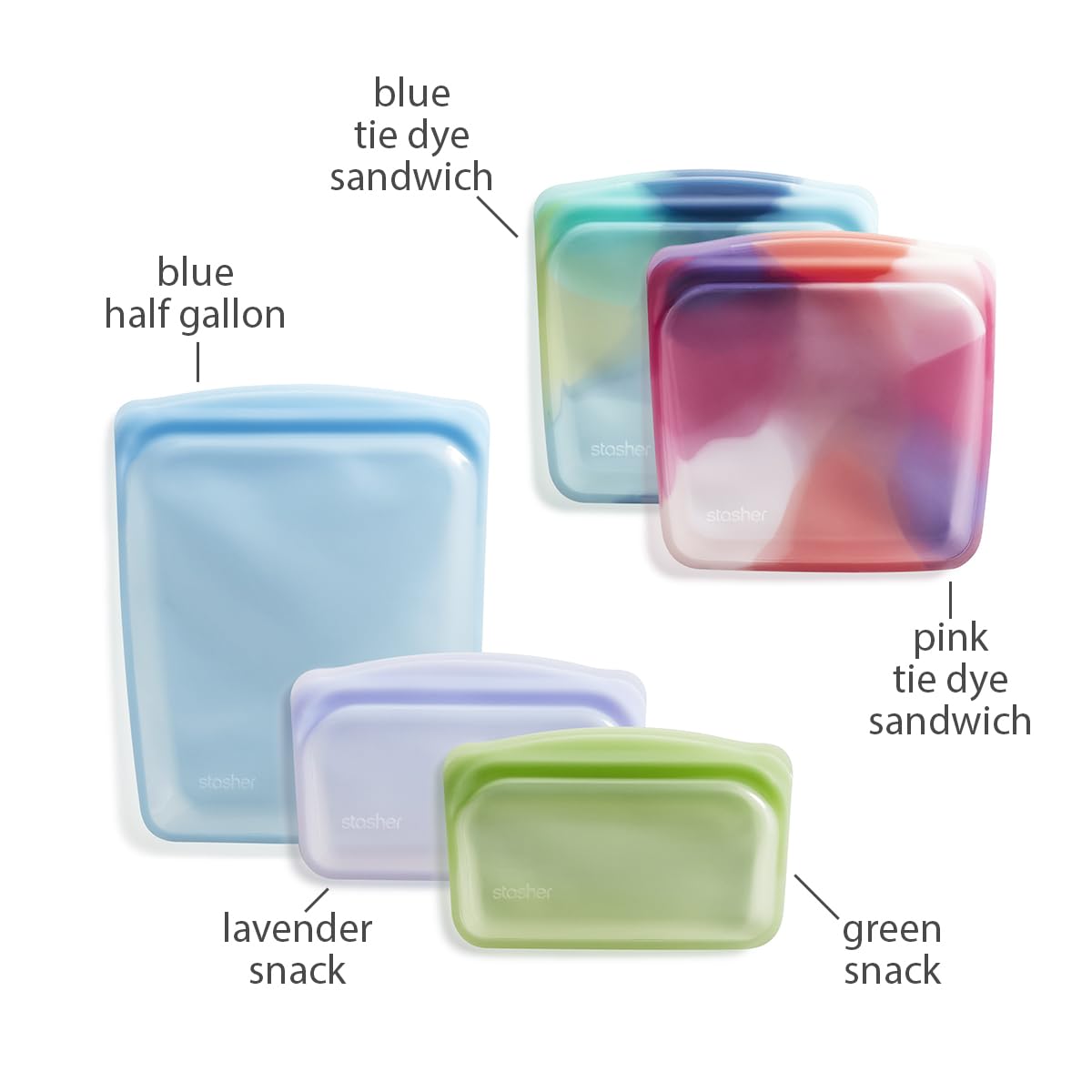 Stasher Premium Silicone Reusable Food Storage Bags, 4-Pack, Clear, Multi-Use Food Storage Bags, Lunch Bag, Travel Containers, BPA Free, Leak-free, Dishwasher-Safe, Eco-friendly