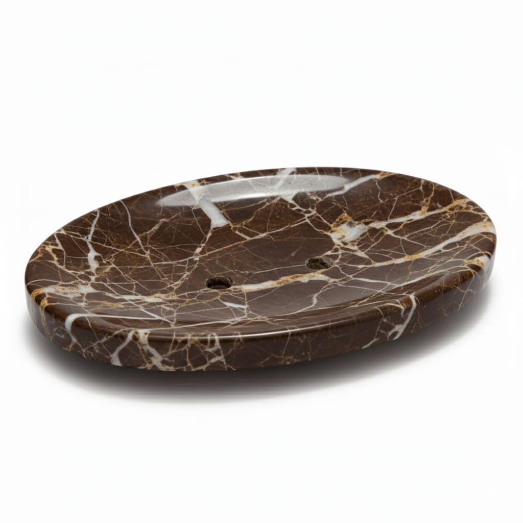 SS Marble Soap Holder - Polished & Shiny Oval Marble Soap Holder - Sponge Holder for Face, Bathroom Makeup Tray with Drain Hole Well-Made Bathroom Accessory (Brown)
