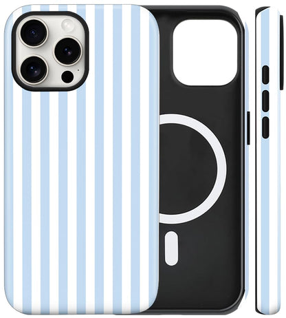 flewfun Magnetic for iPhone 16 Pro Max Case Cute Stripes Phone Case, Shockproof Slim TPU and Hard PC Protective Phone Cover Compatible with MagSafe Designed for Women Girls, Blue and White
