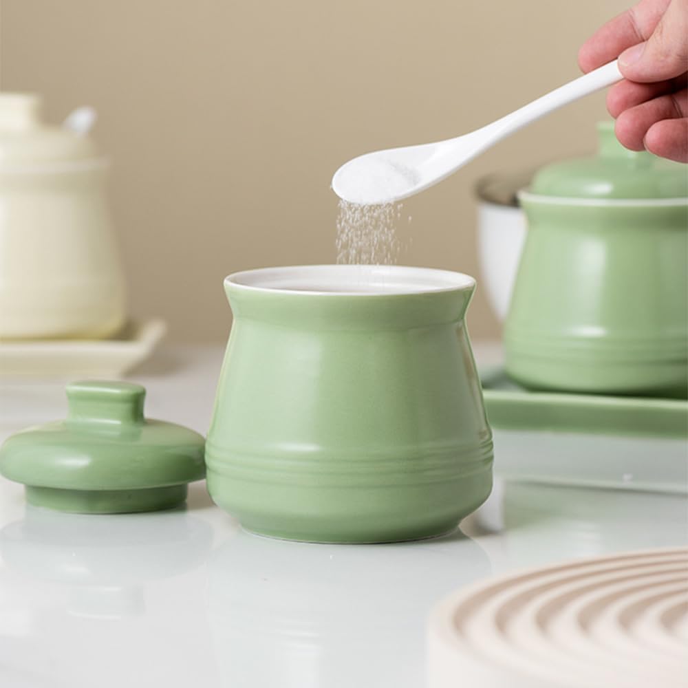 YMYL Ceramic Sugar Bowl with Lid and Spoon, 12oz Farmhouse Porcelain Sugar Pot for Coffee Bar, Salt Pepper Container Kitchen Decor and Accessories (Green)