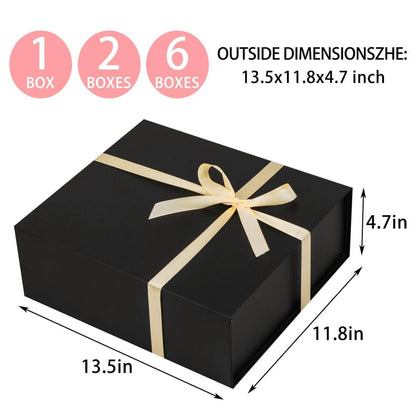 UoeRing 1 Pcs Black Gift Box Large 13.5x11.8x4.7 inch Luxury Birthday Gift Box for Presents with Magnetic Closure Lid Collapsible,Contains Card, Ribbon, Tissue Paper,Shredded Paper Filler