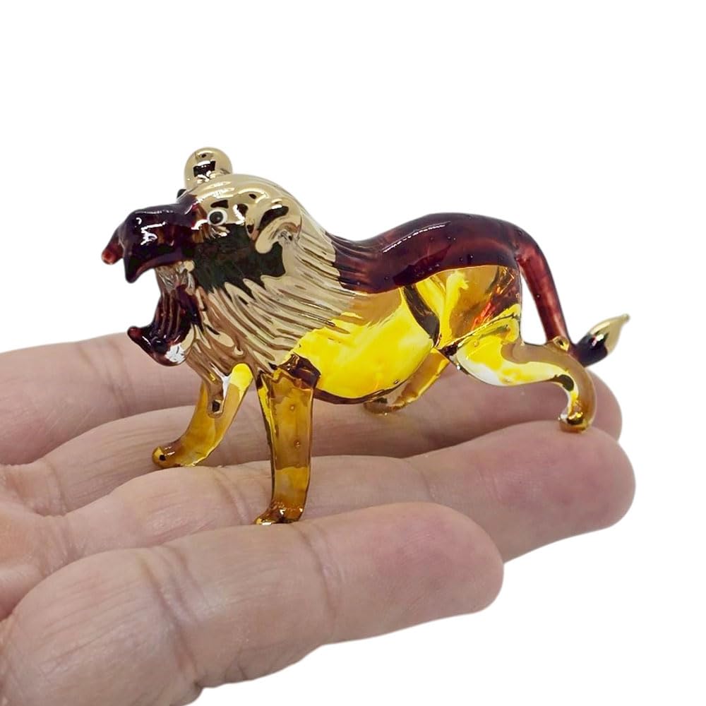 Mr_air_thai_Glass_Blown Tiny 2¾" Yellow Brown Gold Roar Lion - Miniature Hand Blown Glass Tigers Lions Panthera Wild Cats Crystal Wildlife Animal Decorative Figures Collectible Figurines Décor Gifts