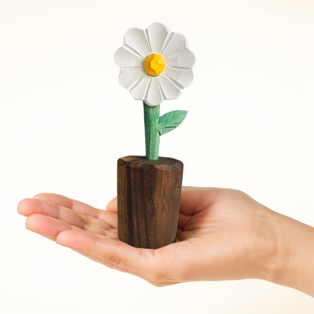 Wooden Daisy Figurine with Gift Box – Handcrafted Decorative Flower Statue, Cute Mini Ornament for Desk, Shelf & Home Decor, Perfect for Birthday, Mother's Day, Anniversary & Thank You Gifts