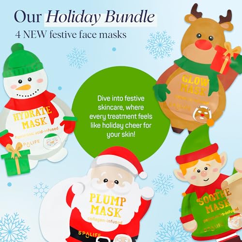 SpaLife Beauty Santa’s Workshop Christmas Face Mask Bundle | Korean Facial Masks | Hydrating, Soothing and Firming Sheet Mask Set | Christmas Face Masks for Women | Spa Party Favors | 12 Pack