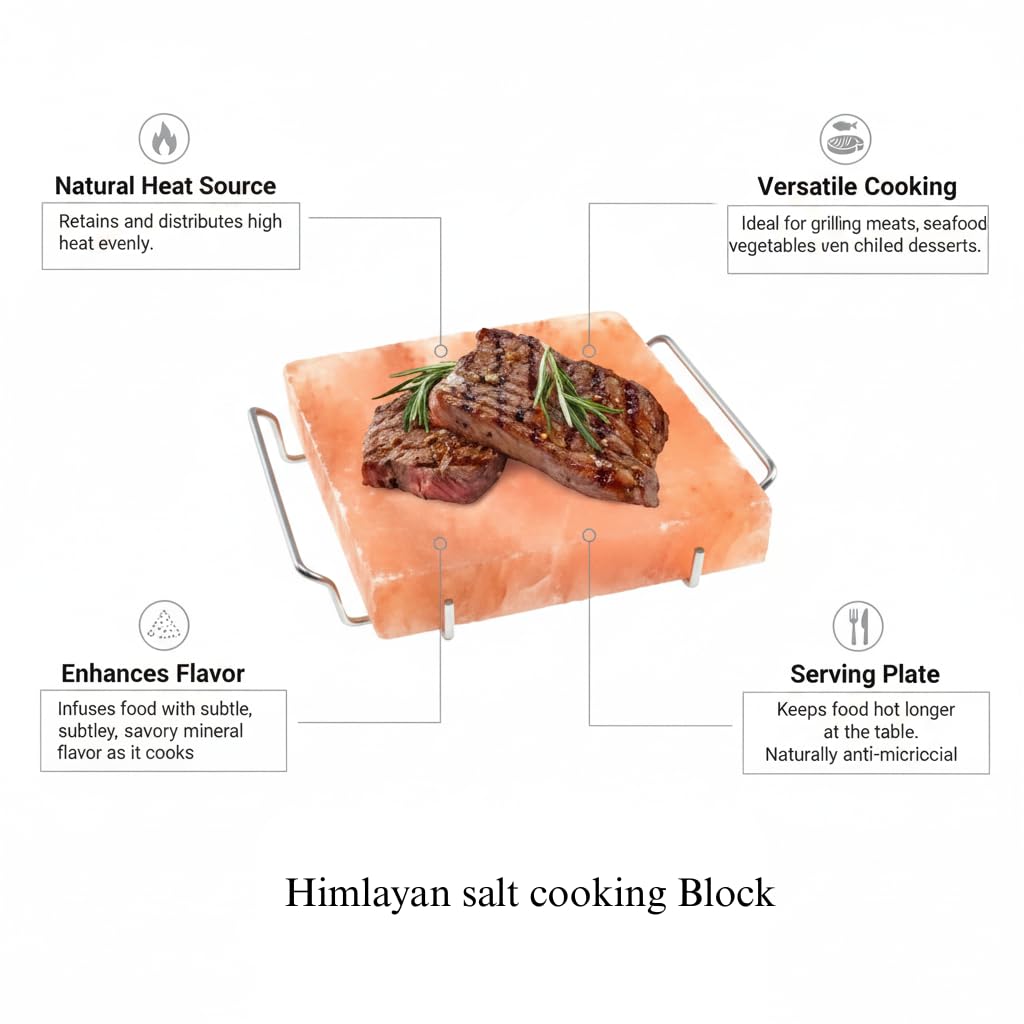 Himalayan Salt Block 8”x8”x1” for Grilling, Cooking, Cutting, and Serving - Food Grade Rock Salt Plate with Steel Tray, Salt Slab a Unique Gift for Men, Women, Chefs & Cooks.