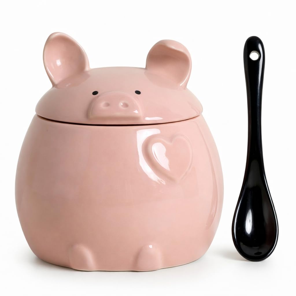 WUYIAZHI Pig Shaped Sugar Bowl with Lid and Spoon, Pink Ceramic 12 oz Container for Sugar, Salt, Spices