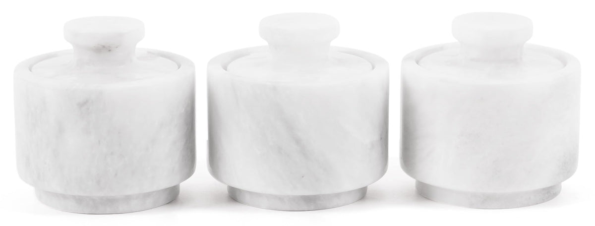 MARBLOUS KRAFTS Set of 3 Marble Salt Cellars with Lids 3" Inch White Salt Holders for Kitchen, Dining, Spices, or Gifts, Modern, Practical Storage for Salt & Spices in Any Kitchen or Dining Room.