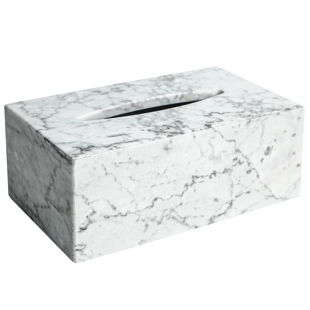 Elegant Marble Tissue Box Cover for Living Room, White Tissue Box Holder Rectangular, Decorative Stone Tissue Box Cover for Bathroom Vanity Office Countertop