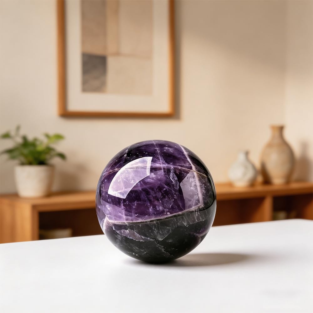 2.36-2.76inch/6-7cm Natural Crystal Ball Amethyst Sphere with Stand, Hand Polished Decorative Sphere Healing Crystals Ball Healing Stone Crafts Fengshui Home Decoration Collect