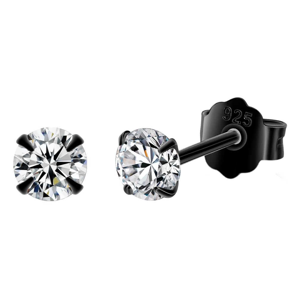 Black Hoop Earrings Sterling Silver Stud Earrings for Men Women 6 Pairs Hypoallergenic Tiny Cubic Zirconia Stud Set Cartilage Hoops 8mm 10mm 12mm